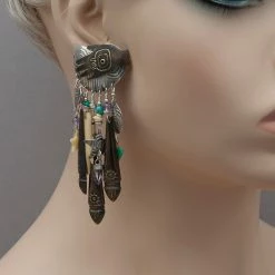 Tabra Vintage Hand Of Fatima Silver And Bronze Earrings