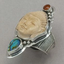 Tabra Bone Buddha With Amber And Abalone Ring