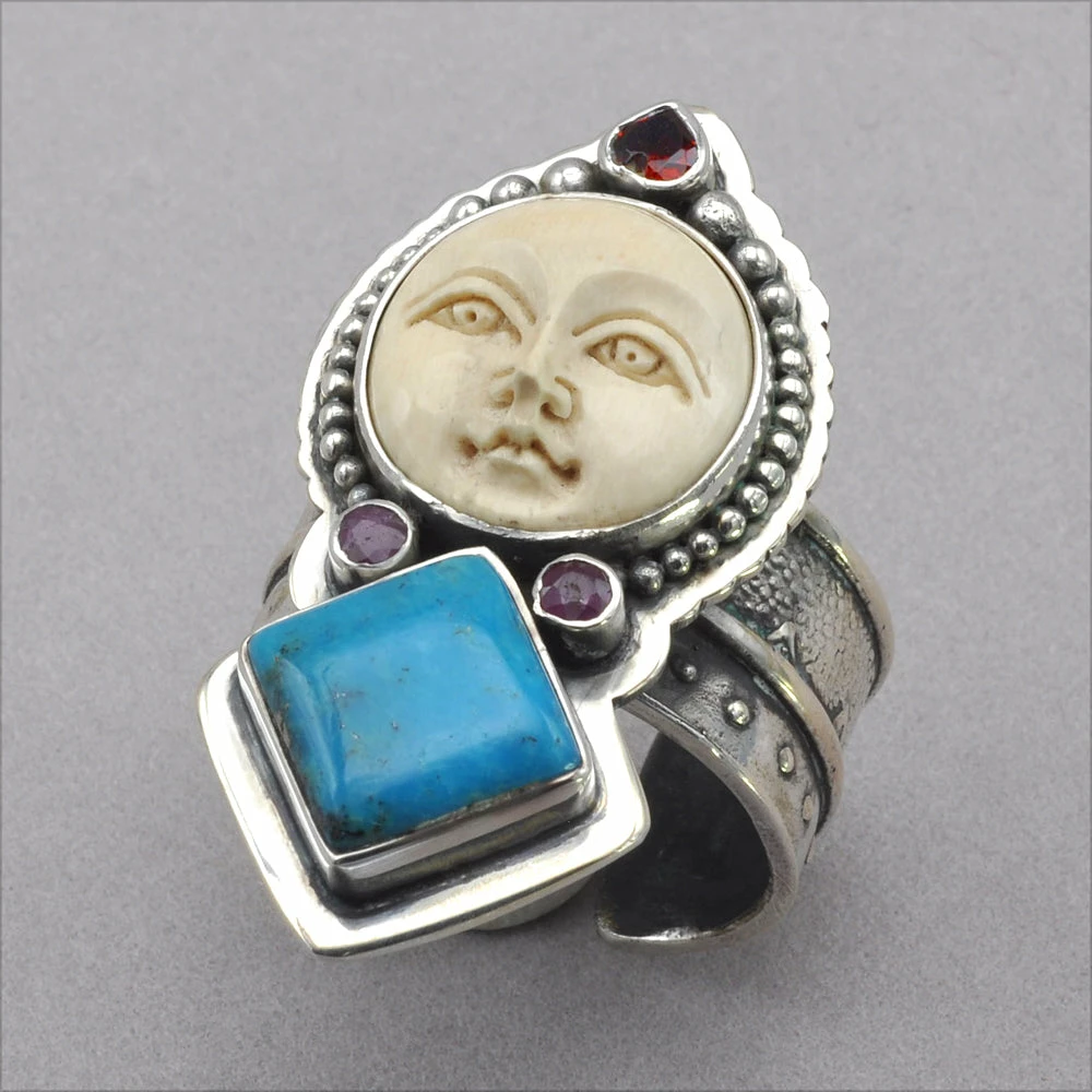 Outlet 🎁 Tabra Bone Face With Turquoise Ring Rings 🔔 3 Tabra Bone Face With Turquoise Ring Rings