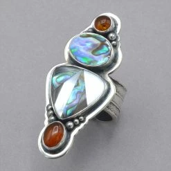 Tabra Abalone And Mother Of Pearl Inlay With Amber Ring