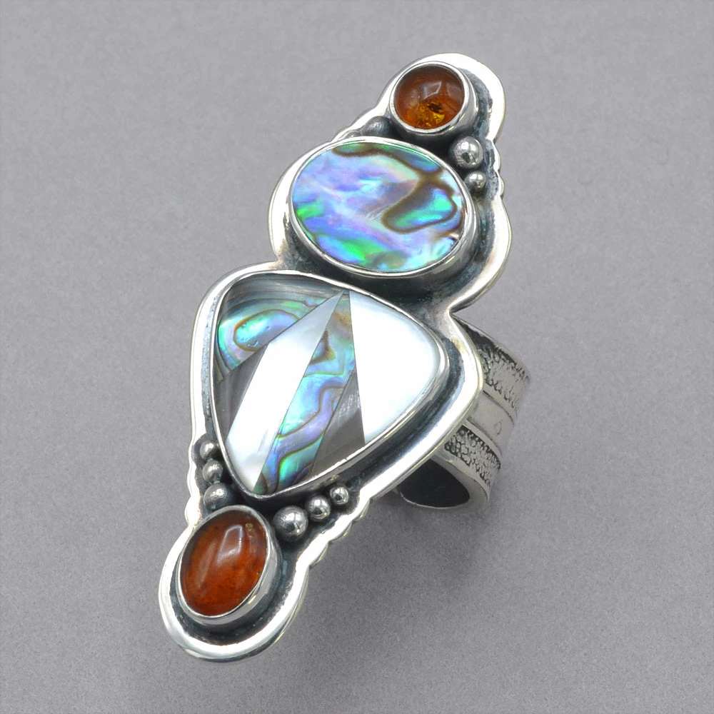 Brand new 🌟 Tabra Abalone And 👩 Mother Of Pearl Inlay With Amber Ring ✔️ 3 Tabra Abalone And Mother Of Pearl Inlay With Amber Ring