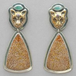 Tabra Jade, Bronze Jaguar And Petrified Palmwood Earrings