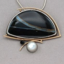 Rainbow Bridge Jewelers Banded Agate And Pearl Silver And Gold Pendant