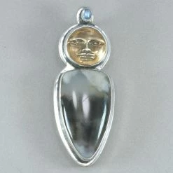 Pendants Tabra Bronze Sun Face And Plume Agate Pendant