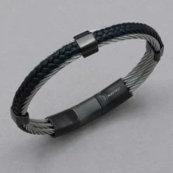 Italgem Steel Italgem Stainless Steel Cable And Black Leather Bracelet Bracelets