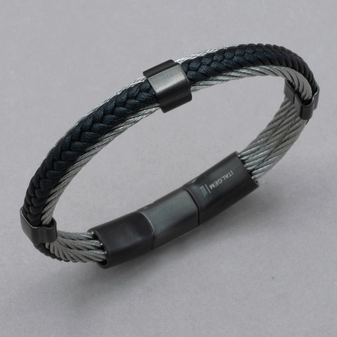 Budget โค๏ธ Italgem Steel Italgem Stainless Steel Cable And Black Leather Bracelet Bracelets ๐ 3 Italgem Steel Italgem Stainless Steel Cable And Black Leather Bracelet Bracelets
